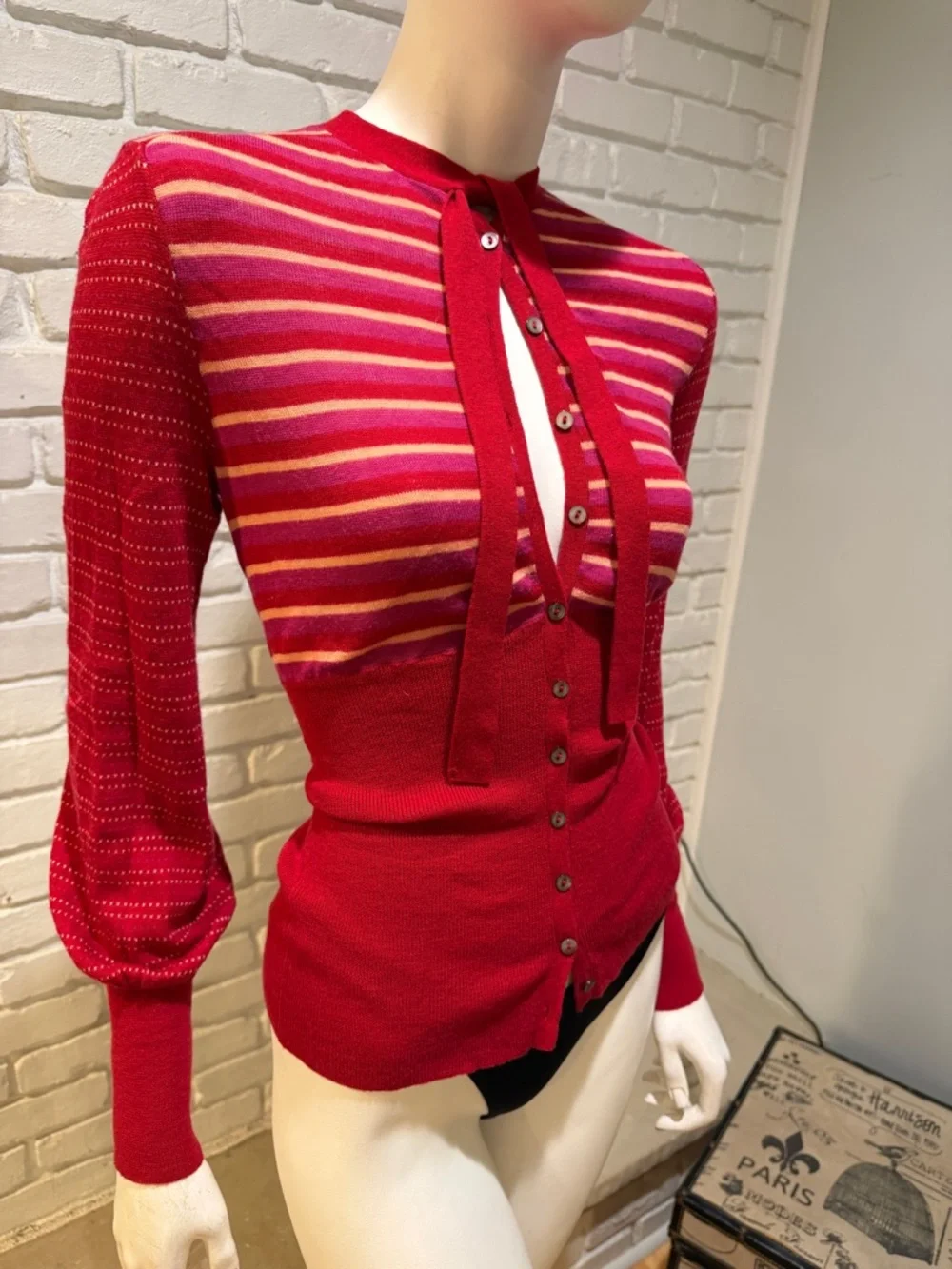 Free People Red Stripe Tie Neck Sweater S NWOT Boho Knit Blouse - Picture 8 of 14